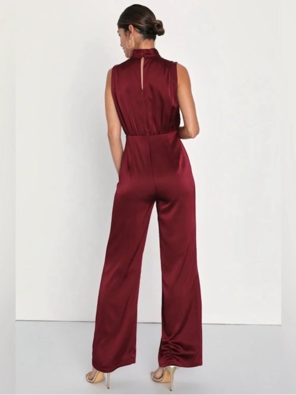 Lulus Classic Elegance NWT Medium Wine Red Satin Sleeveless Mock Neck Jumpsuit - Picture 2 of 15
